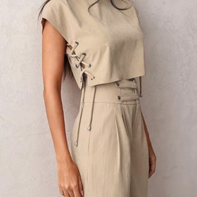 Resim Kadınların Şık Bej Polyester Takımı - Kısa Kollu, Düğmeli Üst ve Geniş Bacaklı Pantolon Bahar/Yaz, Rahat Kıyafet|Şık Takım|Polyester Kumaş 