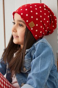 Resim Babygiz Kırmızı Beyaz Puantiye Kız Çocuk Bebek Şapka Bere Yumuşak %100 Pamuklu Penye Trend Seri 