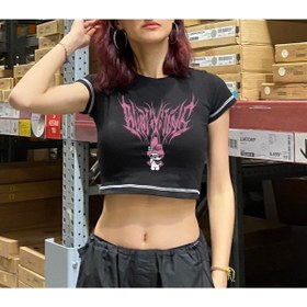 Resim Toum My Vısıon Pink Melody Baskılı Ters Dikiş Siyah Crop 