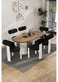 Resim Avvio Lizy Bohem Ayak 6'lı Metal Pofi Demonte Sandalye 80x160 Masa Sandalye Takımı Akça Masa Sandalye Beyaz Kumaş Siyah 