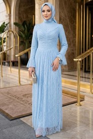 Resim N.S NEVA STYLE Dantelli Mavi Tesettür Abiye Elbise 56561M 
