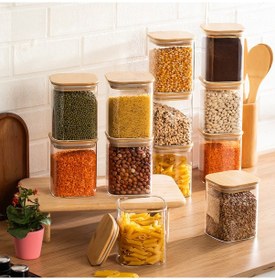 Resim Porsima 407 12li Kare 900 Ml Bambu Vakumlu Kapaklı Cam Kavanoz Seti Saklama Kabı 10x12cm Şeffaf 