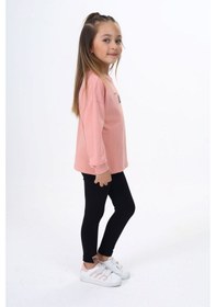Resim Toontoy Kids Toontoy Kız Çocuk 2'li Takım Baskılı Bisiklet Yaka Sweatshirt & Basic Düz Tayt Mercan 