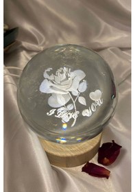 Resim 3d Led Işık Cam Küre Tek Renk Ahşap Gül I Love You Büyük Boy 10 Cm 