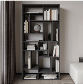 Resim Nicola Kitaplık 18 Raflı, Modern Kütüphane Antrasit 