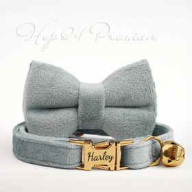 Resim Cat Collar Velvet Cat Collar with Bell 515888 - Gray Blue Leash + Bow Tie / L 