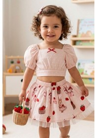 Resim Cantoy Kız Çocuk Çilek Ve Tavşan Desenli Crop Bluz Ve Etekli 2'li Yazlık Takım Pudra 