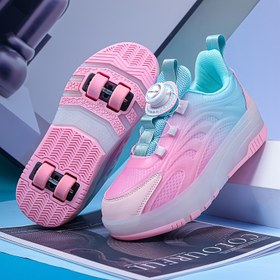Resim Çocuklar İçin Hafif Çıkarılabilir Dört Tekerlekli Paten Ayakkabısı - Pembe & Mavi Gradyan Çizgili Sneaker, Ayarlanabilir Kayışlı, Nefes Alabilen Kumaş ve Ağ Astarlı, Tüm Mevsimler İçin Kapalı/Açık Alan Kullanımı, Paten Ayakkabıları, Şık Spor Ayakkabı, Esnek Kauçuk Tabanlı 