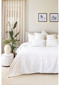 Resim İskandinav Yatak Örtüsü Seti Çift Kişilik Set Bohem Punch Panç Desen Motif Ekru Renkli 