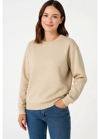 Resim Üç İplik Düz Bisiklet Yaka Sweatshirt - Bej Bej 