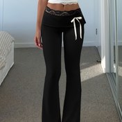 Resim Kadınların Siyah Dar Kesim Pantolonları, Dantel Detaylı ve Fiyonklu - Sonbahar, Rahat Kıyafetler, Rahat Kıyafetler için Şık Yüksek Bel Pantolonları|Şık Yüksek Bel Pantolonları|Kontrast Dantel Detaylı 