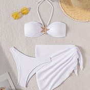 Resim QVR Kadınler için 3 parçalı Bikini Seti - Şık Denizyıldızı Süslemeli, Düz Renk Mayo ile Eşleşen Kapak, Orta Esneklikli Kumaş, Şık Plaj Görünümlü, Bikini Üstü 