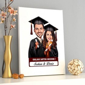 Resim Karikatürlü Üniversiteli Erkek ve Kız Arkadaş Mezuniyet Kanvas Tablo 