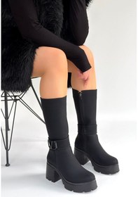 Resim Tokalı Yandan Fermuarlı Topuklu Çizme Siyah Topuk Boyu 7 Cm Siyah 