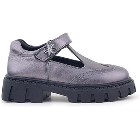 Resim Rakerplus Hakiki Deri Platin Çiçek Detaylı Cırtlı Kız Çocuk Okul Ayakkabı Platin 