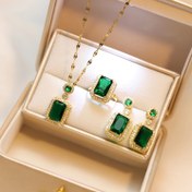 Resim 1 Set Vintage Basit 18K Altın Kaplama Çinko Alaşım Takı, Yeşim Yeşimi Renkli Rhinestone Kaplama, 3 Parça Kolye ve Küpeler Kombosu, Günlük Giyme ve Hediye Verme İçin İdeal, Sevgililer Günü - Tüm Mevsimler Uygun 