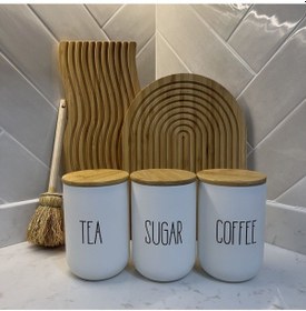 Resim 3lü Bambu Kapaklı Çay/kahve/şeker Kavanozu Beyaz 