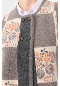 Resim Desen Triko Kadın Sıfır Yaka Patchwork Arkası Keçe Kısa Yün Yelek 24074 Füme Füme 