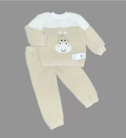 Resim 1-2-3 Yaş Ponponlu Zürafa Desenli Kuzu Kumaş Uzun Kollu 2li Kız Erkek Çocuk Takımı Bej Bej 