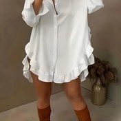 Resim Kasual Yaka Uzun Kollu Volan Placket Polyester Gömlek, Düz Renk, Yetişkinler İçin, Bahar/Yaz 