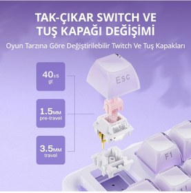Resim Gravastar Mercury K1 Rgb Kablosuz Mekanik Gaming Klavye, İngilizce Q, Lavender Purple 