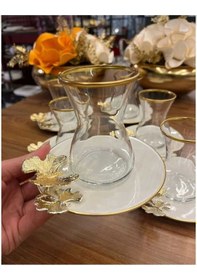 Resim Çnr Home Collection 6' Lı Porselen Tabakli Paşabahçe Bardakli Kelebek Detayli Çay Seti Gold 