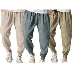 Resim Erkekler için 3 parça yıkanmış ve solmuş kumaş rahat fener pantolon harem bel bantlı pantolon günlük fitness dış mekan giyim için uygun 