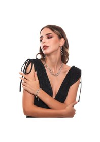 Resim Kadın Antik Gümüş Kaplama Elips Zicir Kolye & Bileklik & Küpe Set Gümüş 