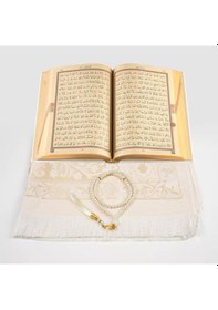 Resim Kuran + Seccade + Tesbih Hediye Seti Hafız Boy, Termo Deri, Desenli Kutu, Beyaz 