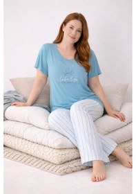 Resim Kadın Büyük Beden Düğmesiz Viskon Kısa Kollu Palazzo Pijama Takımı-oversize Üst Geniş Paça Alt mavi 
