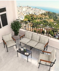 Resim Modern Serisi Bahçe Takımı, Bahçe Mobilyası, Metal Koltuk Takımı - 3+1+1 Sehpalı - Bendir Krem Krem 