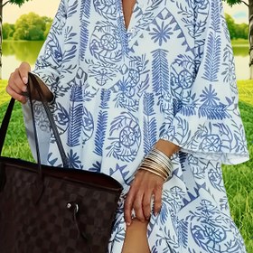 Resim Tropikal Çiçek Desenli, Çan Kollu ve Yan Yırtmaçlı Kadın V-Yaka Maxi Elbise - Hafif Polyester, Düğme Detayı, Rahat veya Tatil Giyim için Mükemmel, Rahat Yaz Elbisesi | V-yaka Elbise | Parlak Dokulu, Sevimli Elbiseler 