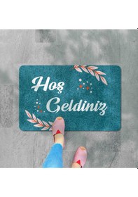 Resim Dijital Baskılı Hoş Geldiniz Yazılı Çiçek Desenli Kapı Önü Paspası İç Ve Dış İçin Yıkanabilir Kaymaz Gri 