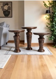 Resim ASELYA HOME Doğal Ahşap 3’lü Set Mantar Yan Sehpa Modern Fiskos Zigon Çiçeklik 