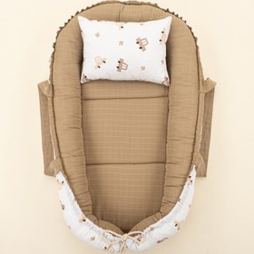Resim Babynest ve Yastık - Çift Taraflı - Toprak Muslin - Kahverengi Arabalar 