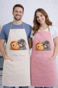 Resim Cepli Krem Pudra Sevimli Little Punch Ve Orangutan Baskılı Mutfak Önlüğü Seti Bej 