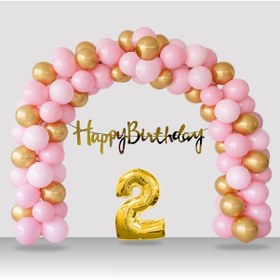 Resim 2 Yaş Retro Gold Pembe Balon Happy Birthday Banner Gold Rakam Doğum Günü Süsleme Çok Renkli 