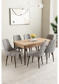Resim Clara Meşe Desen 80x132 Açılabilir Yemek Odası Takımı 6 Adet Sandalye Gri 