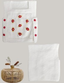 Resim Beyaz El Örgü Sıfır Kollu Bebek Yeleği Kırmızı Çiçekli Beyaz Beyaz - Pembe 