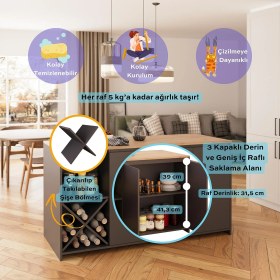 Resim Gustav G4723 4 Adet Bar Tabureli Mutfak Adası Antrasit Tabureli Sepet Antrasit Şaraplık Raflı Dolap 