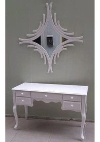 Resim Dresuar Makyaj Masa 5 Çekmece Cnc Ayna Kayın Aslan Ayak Parlak Beyaz Lake El Yapımı Beyaz 