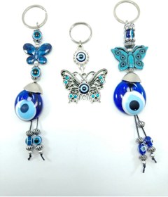Resim Ennea Art Nazar Boncuğu Kelebekli Anahtarlık+metal Kelebek Anahtarlık/ Araba Dikiz Ayna Süsü Aksesuar Seti 