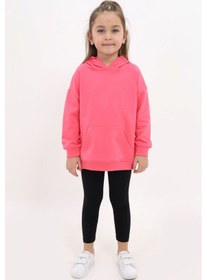 Resim Toontoy Kids Toontoy Kız Çocuk 2'li Takım Baskılı Kapüşonlu Düşük Omuz Cepli Yırtmaçlı Sweatshirt & Basic Düz Tayt Fuşya 