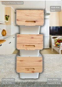 Resim 3'lü Bambu Tekerlekli Sebzelik Patates Soğan Sepeti Şık Organizer Patateslik Soğanlık Kutu 36 L Bambu-krem 