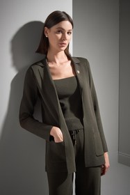 Resim Atkı ve Broş Detaylı Bol Kesim Yeşil Triko Blazer Ceket - Yeşil / M 