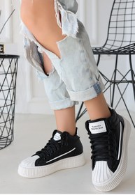 Resim Estim Siyah Cilt Bağcıklı Spor Ayakkabı Beyaz 