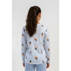 Resim Obje Kız Çocuk Mavi Ayıcık Desen Likra Polyvıscon O Yaka Uzun Kol Pijama Üstü 