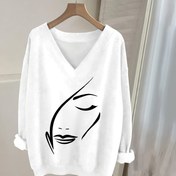 Resim Gwen 0829, Grafik Baskılı Gündelik V Yaka Uzun Kollu Sweatshirt, Kadın Uzun Kollu Tişört, Uzun Kollu Üst, Moda Üst 