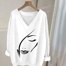 Resim Gwen 0829, Grafik Baskılı Gündelik V Yaka Uzun Kollu Sweatshirt, Kadın Uzun Kollu Tişört, Uzun Kollu Üst, Moda Üst 