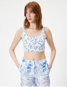 Resim Koton Çiçeli Crop Üstü Fisto Kare Yaka Askılı Mavi Desenli 4sak30063ew Mavi 